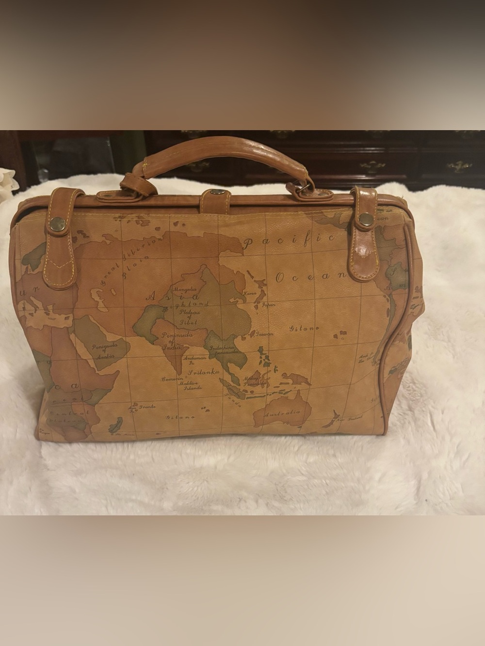 VTG Gitano World Map Duffel Bag Tan Faux Leather Travel Weekender Carry On Tote